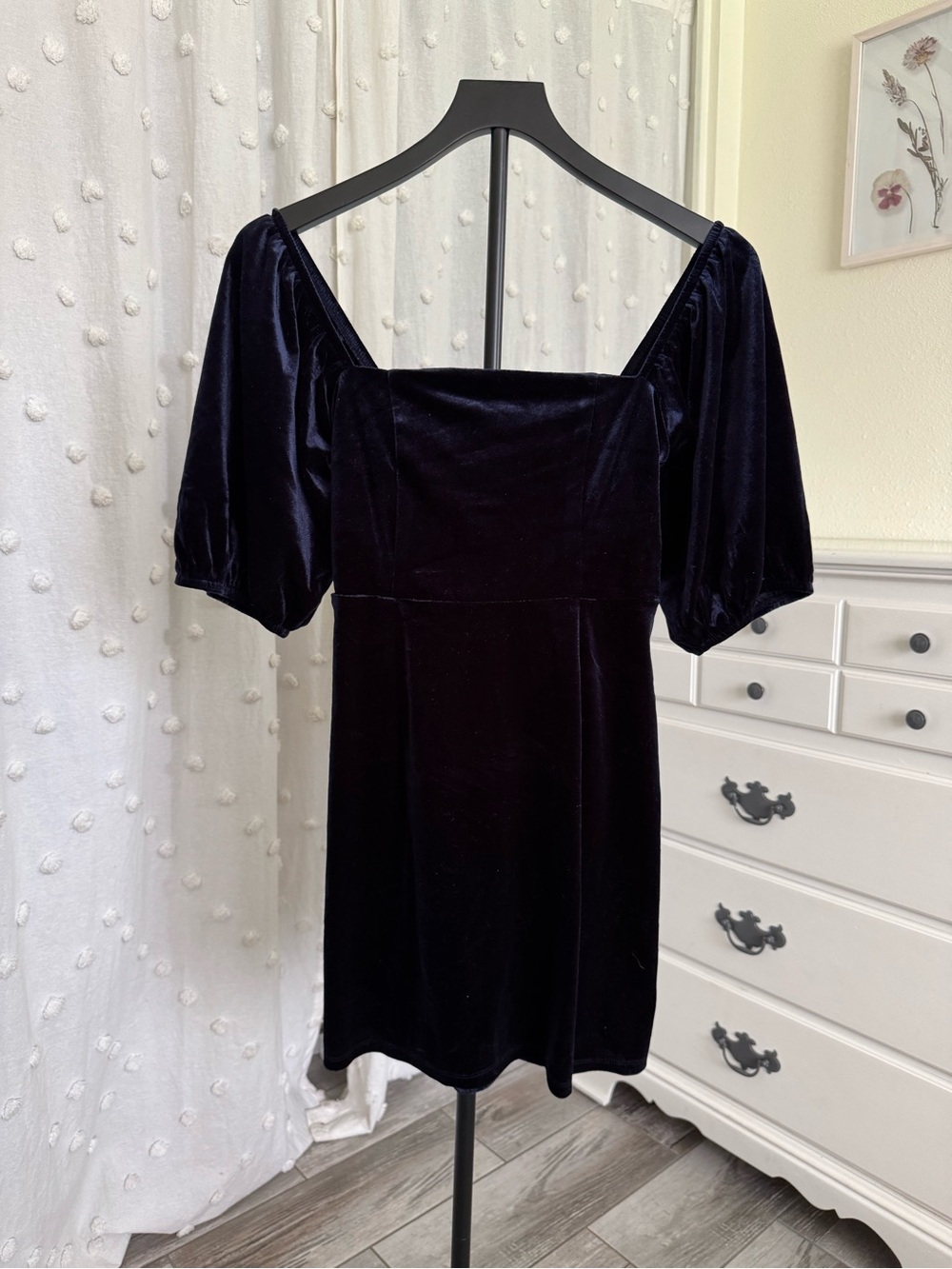 Xtraordinary Navy Velvet Puff Sleeve Square Neck Dress